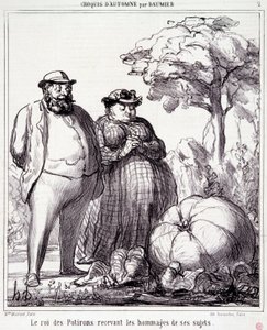 关于园艺的动画片。秋天的素描 "系列。"南瓜国王接受其臣民的贡品"。由Honore DAUMIER（1808-1879）雕刻。摘自9月23日的《查理报》。 作者 奥诺雷·杜米埃