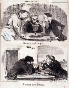 Cartoon about gastronomic abuse. “Paris qui drinks” series: new English fashion and old French fashion. Engraving by Honore DAUMIER (1808-1879). Extract from the newspaper “” Le Charivari”” 23 June 1852 Dim 37x26 cm Inv D 2312 - box 24 N¡7. Marseille, Muse 作者 奥诺雷·杜米埃