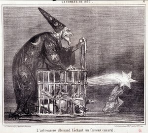 关于科学的动画片。Serie Sur "1857年的科米特"。"德国天文学家离开了一只著名的鸭子"。Honore DAUMIER (1808-1879)的雕刻。摘自3月2日的《查理报》（Le Charivari）。 作者 奥诺雷·杜米埃