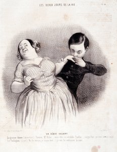 关于这对夫妇的动画片。系列 "生命中的美丽日子"。"一个英勇的开始......"雕刻家Honore DAUMIER (1808-1879)的作品。摘自7月10日的《查理报》。 作者 奥诺雷·杜米埃