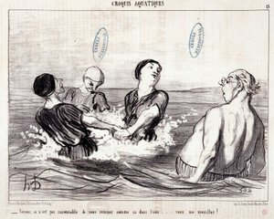 关于游客在海边度假的漫画。系列 "Les Bains de Mer"。"水生素描。让我们看看在水中这样搅动你是不合理的......你把我弄湿了！"Honore DAUMIER (1808-1879)的版画。摘自报纸 "Le Chariv 作者 奥诺雷·杜米埃