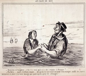 关于游客度假的漫画。aux Bains de Mer "系列。"洗澡先生......迪耶普有鲨鱼是真的吗？Honore DAUMIER (1808-1879)的版画。摘自6月8日的报纸 "Le Charivari"。 作者 奥诺雷·杜米埃
