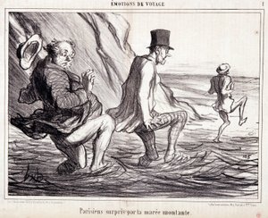 关于游客度假的漫画。系列 "Ax Bains de Mer:"旅行的情感。巴黎人被上升的海浪所吸引"。雕刻家Honore DAUMIER（1808-1879）的作品。摘自10月8日的《查理报》（Le Charivari）。 作者 奥诺雷·杜米埃