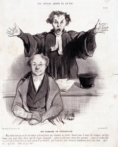 关于离婚的动画片。系列 "生命中的美丽日子"。"要求分居......"。雕刻家Honore DAUMIER (1808-1879)的作品。摘自1月29日的《查理报》。 作者 奥诺雷·杜米埃