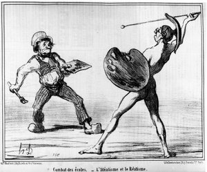 学校的战斗。理想主义和现实主义，摘自 "绘画和沙龙"，Honore Daumier（1808-1879）的漫画系列。"Charivari" 作者 奥诺雷·杜米埃