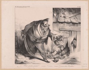 法国国王路易-菲利普一世扮演强盗的漫画
Petits！petits！petits！(...) Venez donc dindons！(物体上的标题） 作者 尼古拉斯-路易斯·德劳努瓦