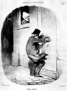 午夜过后。男人晚归的房客，出自《房客与业主》，Honore Daumier（1808-1879）的漫画系列。"Charivari" 作者 奥诺雷·杜米埃