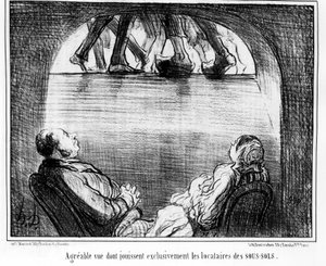 地下室租户独享的怡人景色，摘自霍诺尔-道米埃（1808-1879）的漫画系列《租户与业主》。"Charivari" 作者 奥诺雷·杜米埃