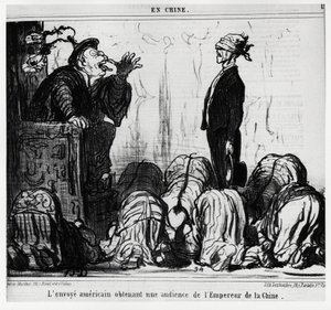 美国特使得到中国皇帝的接见。在《中国》系列中，由Honore Daumier（1808-1879）绘制的插图，发表在《Charivari》上，日期为10月21日。 作者 奥诺雷·杜米埃