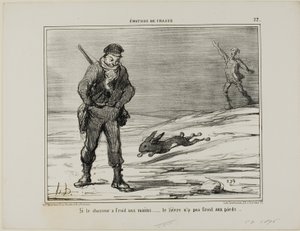 如果猎人手冷......野兔脚不冷，选自 Émotions De Chasse 的图版 22 作者 奥诺雷·维克托林·杜米埃