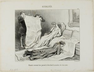 订户为应付报纸而焦头烂额》，图版 115，选自《Actualités》。 作者 奥诺雷·维克托林·杜米埃