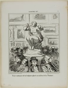 画展中间摆放雕塑的不快》，1857 年沙龙展图版 5 作者 奥诺雷·维克托林·杜米埃