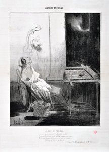 Honore Daumier (1808-1879)的艺术作品《Charivari》可追溯到1842年：Serie HISTORIE ANCIE Les Nuits de Penelope "从她缺席的宠爱中，可爱的轮廓，永远闪耀着她甜美的眼睛，像一颗星星，旨在编织三年，他的狡猾和他的帆布。 作者 奥诺雷·杜米埃