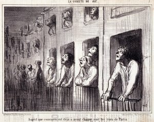 关于科学的漫画。1857年的 "科米特 "系列。"已经开始在巴黎的街道上每天晚上都有的方面"。Honore DAUMIER (1808-1879)的版画。摘自报纸 "Le Charivari"。尺寸为38x25厘米。Inv D - box 7 Marseille, 作者 奥诺雷·杜米埃