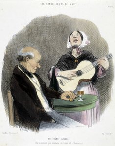 在歌手的陪伴下喝酒的男人 - 奥诺雷·杜米埃 (Honoré Daumier) 的“Les Beaux Days de la vie” 作者 奥诺雷·杜米埃