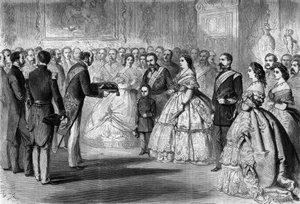 西班牙女王伊莎贝拉二世（Isabella of Bourbon）（1830-1904）以她儿子阿斯图里亚斯王子的名义接受了荣誉军团的大绳。在场的有拿破仑三世（1808-1873）和帝国王子（1856-1879）。 作者 奥诺雷·杜米埃