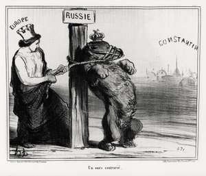 俄罗斯：（被欧洲）打乱的熊。1854年3月，法国和英国与土耳其结成联盟，共同对抗俄国。 插图：霍诺尔-道米埃（1808-1879），发表在新闻 "Charivari "上。 作者 奥诺雷·杜米埃