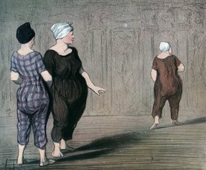 系列 "沐浴者"，两位身着泳装的女士审视着另一位女士的剪裁，漫画，作者霍诺尔-多米耶（1808-1879 年），1844 年（沐浴者：两位身着泳装的女士，上下打量着另一位女士的腰部），私人收藏 作者 奥诺雷·杜米埃
