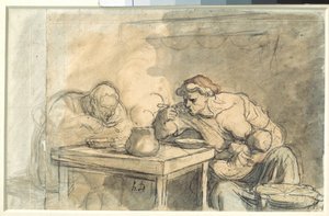 汤 一对工人在喝汤，母亲在给婴儿喂奶。奥诺尔-杜米埃（1808-1879）的水彩画。1862-1865.Dim.0.3x0.49米。巴黎，卢浮宫博物馆 作者 奥诺雷·杜米埃