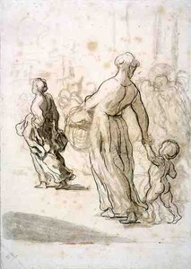两个女人和一个孩子，约1848-50（粉笔、木炭和水粉，古色古香的铺纸）。 作者 奥诺雷·杜米埃