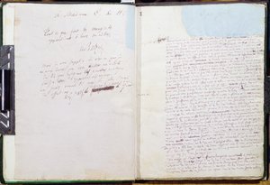 Le Pere Goriot》的第一页和给Hanska夫人的献词（纸上笔墨）。 作者 诺扎·巴尔扎克
