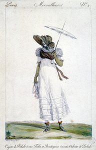 Fashion engraving by Horace Vernet (1789 - 1863), made around 1810 for “A Wonderful”, depicting a woman wearing an ecrue canopy, a bloody, tartan embroidery and an umbrella. 作者 埃米尔·让·霍勒斯·韦尔内