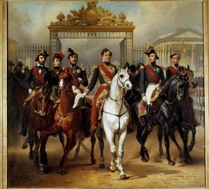 国王路易·菲利普一世 (Louis Philippe) 在法庭上通过军事审查后，围绕着他的五个儿子从凡尔赛城堡的荣誉格子中出来。 10/06/1837 绘画由 Horace Vernet (1789-1863) 1846 年太阳。 3,6x3,9 米。 - 法国国王路易 作者 埃米尔·让·霍勒斯·韦尔内