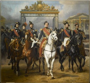 1837年6月10日，路易-菲利普国王在五个儿子的簇拥下，在庭院进行军事检阅后从凡尔赛宫正门离开。 作者 霍勒斯·韦尔内
