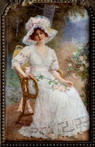 坐在花园里的年轻女子 霍顿斯-理查德（1860-1939 年之后）20 世纪象牙微缩画 Sun.0.24x0.15 米 作者 霍滕斯·理查德
