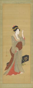 一个艺妓正在调整一个龟壳发卡，18世纪末。 作者 细田英史