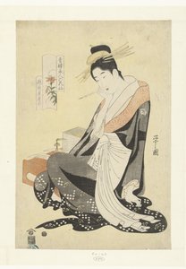 来自越前屋家的宫廷仙茅 Morokoshi
虎百合
越前屋森吉（物品上的标题）
六位妓院美女与鲜花的对比。(系列名称）
七郎美人图（实物上的系列名称）