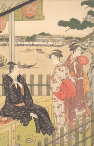 隅田川岸边的茶馆中的人群，约1790年。 作者 细田英史