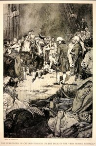 1779年，皮尔逊船长在 "邦霍姆-理查德 "号的甲板上向约翰-保罗-琼斯投降（石印）。