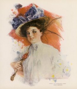撑着橙色阳伞的年轻女子（彩色石版画） 作者 霍华德钱德勒（后）克里斯蒂