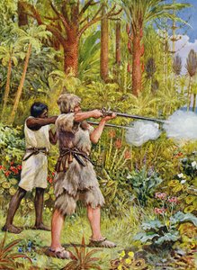 克鲁索和星期五射击野蛮人，丹尼尔·笛福（1660-1731）为《鲁滨逊漂流记》绘制的插图（彩色平版印刷）