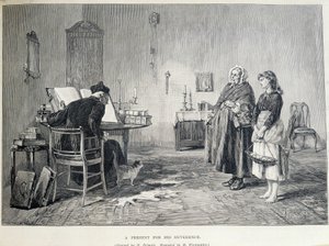 Two Irish women bring a present to a religious. Engraving by H. Werdmuller after the painting of H. Helmick in the 19th century.