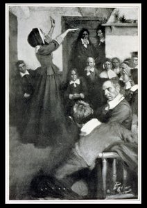 安妮哈钦森在1637年在波士顿的家中讲道，来自&39;殖民地和国家&39;的插图由伍德罗威尔逊，酒吧。在哈珀的杂志，1901年 作者 霍华德·派尔