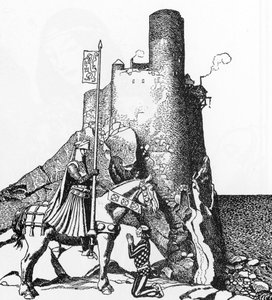 亚瑟王传说：特里斯坦抵达纳邦城堡（特里斯坦爵士抵达纳邦爵士城堡） 霍华德-派尔（1853-1911 年）插图，选自《圆桌骑士的故事》 1905 年 私人收藏 作者 霍华德·派尔