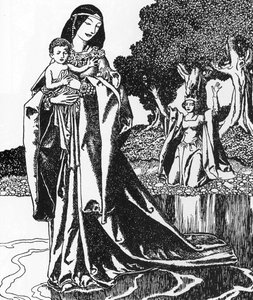 Arthurian Legend: la dame du Lac ableve Lancelot enfant (Lancelot is carried off by the Lady of the Lake) Illustration by Howard Pyle (1853-1911) from “The story of the champions of the round table”” 1903 Private collection   1440419   zh       chinese Suc 作者 霍华德·派尔