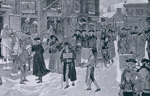 圣诞节早晨在老纽约在革命前，从Harper的每周，酒吧的例证。 1880年12月25日 作者 霍华德·派尔
