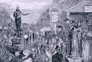 “总统杰克逊，当选总统，前往华盛顿的路上”，插图来自&39;总统进步&39;，酒吧。在哈珀的周刊，1881年 作者 霍华德·派尔