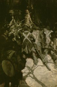 韦恩将军在新泽西州莫里斯镇努力平息宾夕法尼亚军团的叛变，1781 年，选自弗朗西斯-V-格林的《美国陆军》，发表于 1901 年 9 月的《斯克里布纳杂志》（布面油画）。 作者 霍华德·派尔
