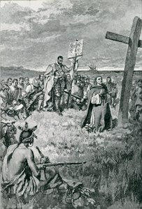 Jacques Cartier（1491-1557）在加斯佩设立十字架，来自Thomas Wentworth Higginson，酒吧的“法国旅行者”插图。在哈珀杂志，1883年 作者 霍华德·派尔