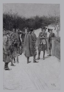 保罗·里维尔（Paul Revere）向沙利文（Sullivan）传来新闻，由惠灵顿（FH Wellington）刻，由巴拉德·史密斯（Ballard Smith）发布的“火药山的火药”。在哈珀杂志，1886年 作者 霍华德·派尔