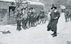 清教徒总督中断圣诞节运动，由J. Bernstrom雕刻，来自George William Curtis，酒吧的“圣诞节”插图。在哈珀杂志，1883年 作者 霍华德·派尔