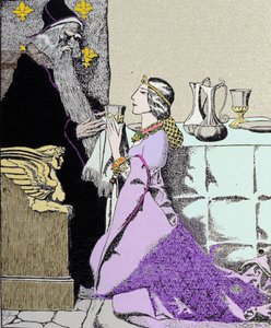 薇薇安的费用吸引了魔法师梅林。 美国插画家 Howard Pyle (1853 - 1911) 的插图 作者 霍华德·派尔