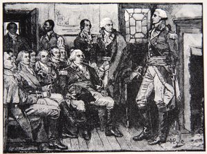 1783年3月15日华盛顿和他的将军进行协商，1883年来自哈珀杂志的插图 作者 霍华德·派尔