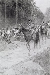 华盛顿从Great Meadows撤退，来自&39;上校华盛顿&39;的插图由Woodrow Wilson，酒吧。在哈珀杂志，1896年 作者 霍华德·派尔