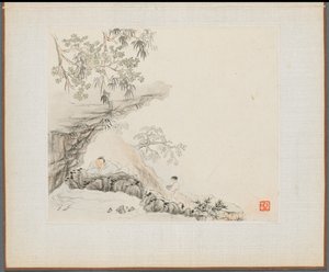 古诗插图山水画集》：  一个男人躺在岩石悬崖下，一个男孩站在他的右边