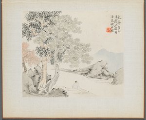 古诗插图山水画集》：  三棵大树，一条小溪，岸边坐着一位老人